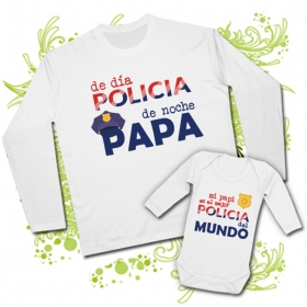 Camiseta de d&iacute;a POLICIA y de noche PAPA + Body mi papi es el mejor POLICIA del MUNDO